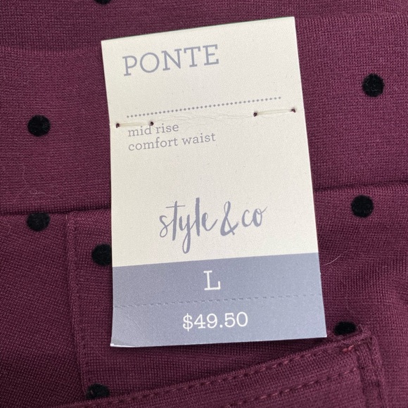 NWT Style & Co Burgundy/Black Velvet Polka Dot Stretch Ponte Leggings - size L - Picture 2 of 4